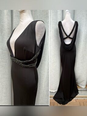 Jovani black beaded deepv neck criss cross back maxi dress gown